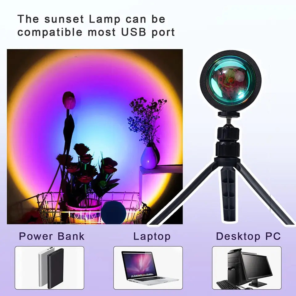 Sonnenuntergangslampe, Projektionsrotation, Regenbogen-Projektionslampe, LED, romantisches visuelles LED-Licht, Netzwerk, rotes Licht mit USB, modernes Bodenständer-Nachtlicht, Wohnzimmer-/Schlafzimmer-Dekor