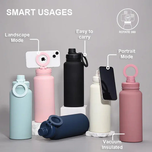 Isolierte Wasserflasche mit Telefonhalter
