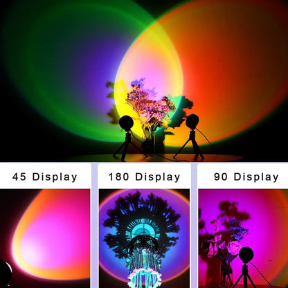 Sonnenuntergangslampe, Projektionsrotation, Regenbogen-Projektionslampe, LED, romantisches visuelles LED-Licht, Netzwerk, rotes Licht mit USB, modernes Bodenständer-Nachtlicht, Wohnzimmer-/Schlafzimmer-Dekor