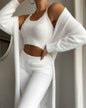 Fixmatti Women's Fuzzy 3 Piece Sweatsuit Open Front Cardigan Crop Tank Tops Wide Legs Pants Lounge Sets